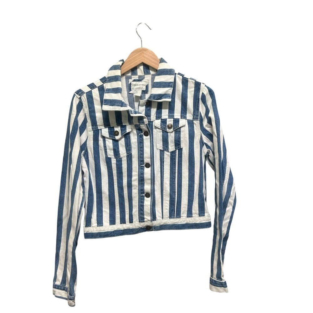 Forever  21 Blue White Striped Cropped Denim Jean Jacket Size L